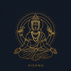 Golden Line Art of Lord Vishnu Meditating on a Dark Blue Background with Celestial Aura - Spiritual, Divine, Hindu God