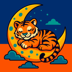 Cute Baby Tiger Sleeping on Crescent Moon – Children’s Night Sky Illustration
