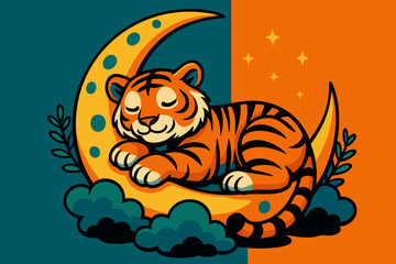 Cute Baby Tiger Sleeping on Crescent Moon – Nursery Bedtime Illustration