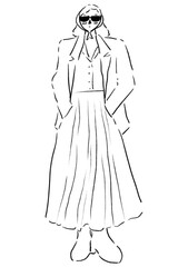 Fototapeta premium Fashion woman in retro style. Woman standing with cool and stand out outfit with black glasses hand drawn pencil illustration.