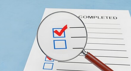 Completed checklist with magnifying glass and red check mark