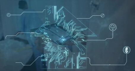 Animation of computer circuit board house over caucasian male doctor with tablet - Powered by Adobe