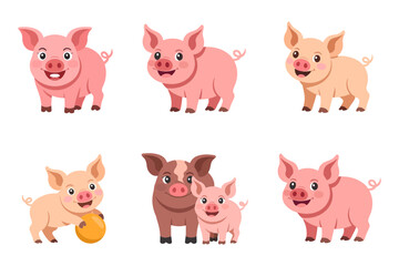Farm pig vector illustrations, muddy piglet characters, playful boars, swine group graphics, pig farming livestock animals, barnyard icons