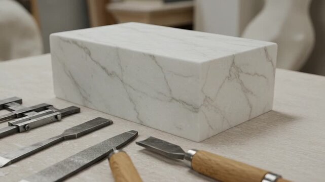 Tools arranged around a marble block on a workspace