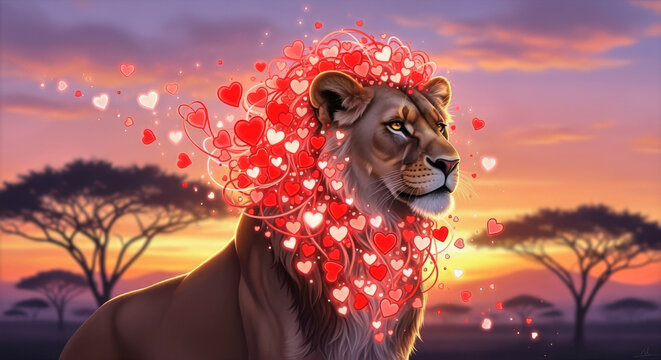 Lion with heart shaped mane standing in a savanna landscape during a colorful sunset illustration art - Powered by Adobe