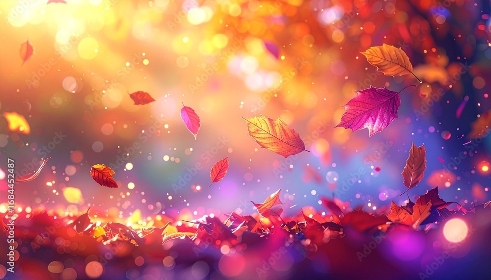 Wall mural abstract colorful background with vibrant bokeh light, shimmering particles, and floating autumn lea