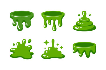 Cartoon slime vector illustrations, green goo drips, slimy blobs set, sticky splatter elements, liquid slime graphics, fun playful icons
