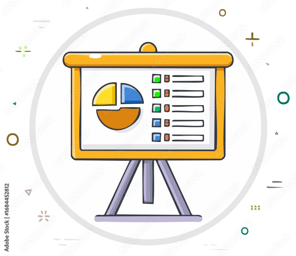 Poster presentation board with pie chart and data table illustration, business analysis concept.