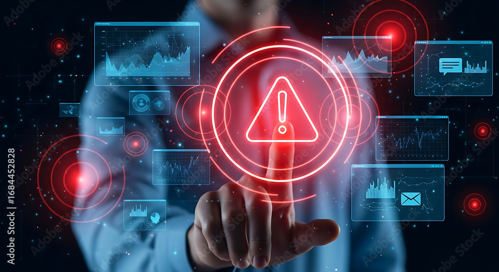 Poster a man touching a red warning sign on a futuristic interface with data charts and communication icons