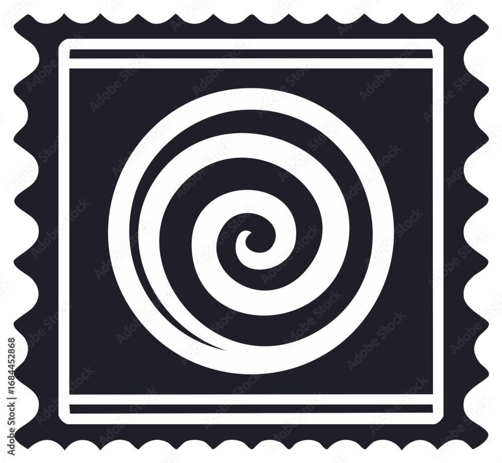 Poster stylized spiral design on a dark square background with perforated edges