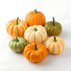Obraz premium Decorative pumpkins in various colors arranged artfully on a light background