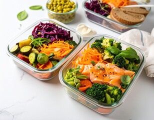 Healthy Meal Prep Containers with Salmon and Colorful Vegetables