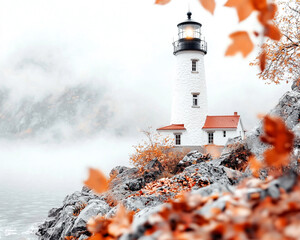 Foggy Autumn Lighthouse on Rocky Coast