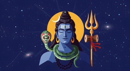 Lord Shiva's Cosmic Vision: Blue Deity with Serpent, Trident, and Crescent Moon in Starry Night Sky
