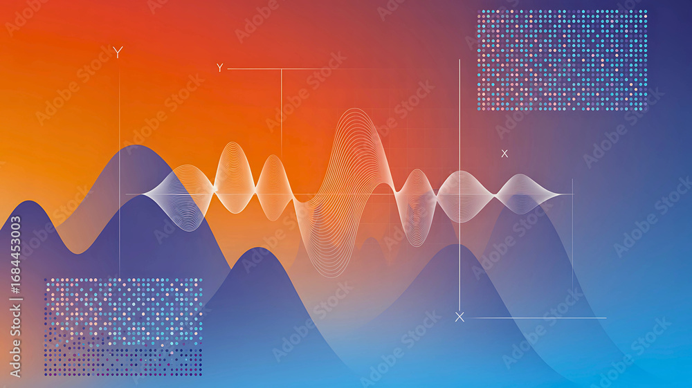 Aufkleber abstract visualization of digital sound waves and data analysis on a vibrant gradient, embodying the