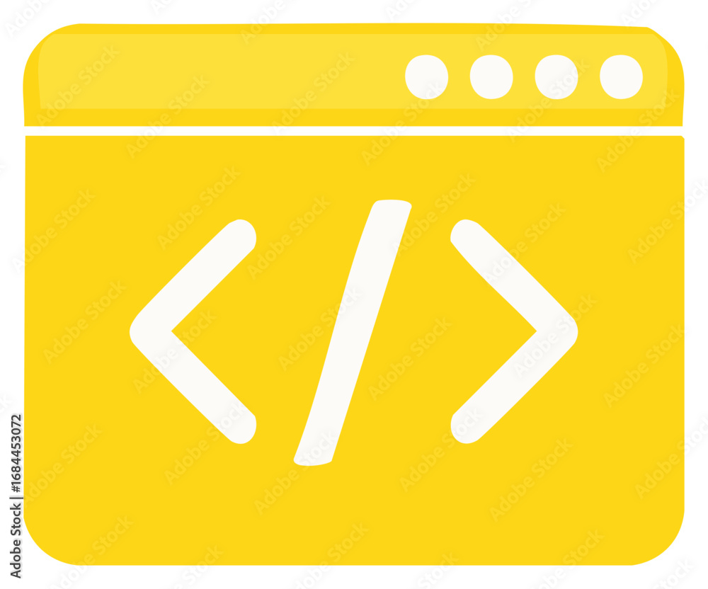 Poster yellow browser window icon with coding symbols for web and software development