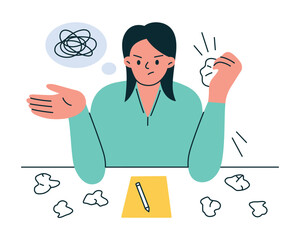 Flat cartoon vector illustration of woman at desk with creative block. Female character with crumpled paper, blank sheet, struggling with ideas, frustration in work, concept of productivity, stress