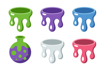 Potion bottle vector illustrations, fantasy magic flasks, colorful glass containers set, alchemy elixirs, mystical potion graphics, magical design icons