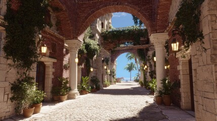Fototapeta premium Mediterranean Coastal Paradise: A Sun-Drenched Brick Archway Leads to a Tranquil Beach