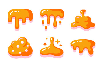 Orange slime vector illustrations, dripping goo splatters, cartoon sticky blobs set, glossy liquid slime elements, playful messy designs icons