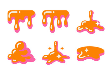 Cartoon slime vector illustrations, dripping orange pink goo splatters, glossy slime blobs set, sticky liquid elements, playful messy icons