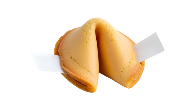 A single fortune cookie with a blank paper message, isolated on transparent background, representing luck, prediction, and chinese culture