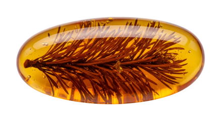A piece of amber with a perfectly preserved pine needle inside, isolated on transparent background, showcasing the beauty of natures time capsule