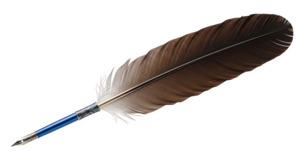 A brown and white quill pen with a blue handle, isolated on transparent background, evoking a sense of history, writing, and literary artistry