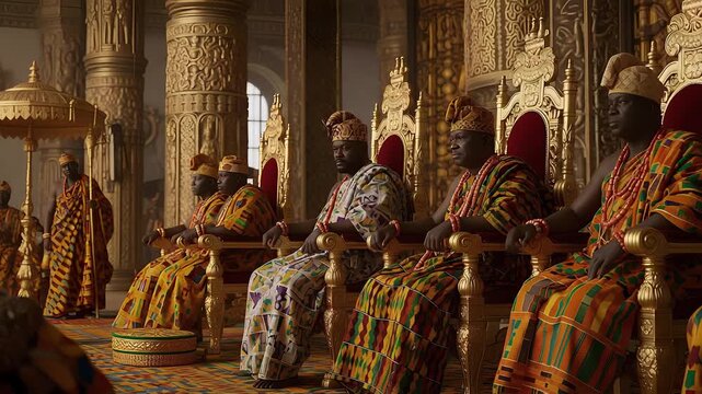 Majestic Royal Assembly of Traditional Leaders in Ornate Costumes and Throne