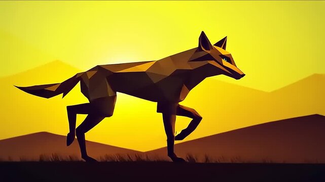 Low Poly Wolf Silhouette Striding Across a Golden Desert Landscape Illustration
