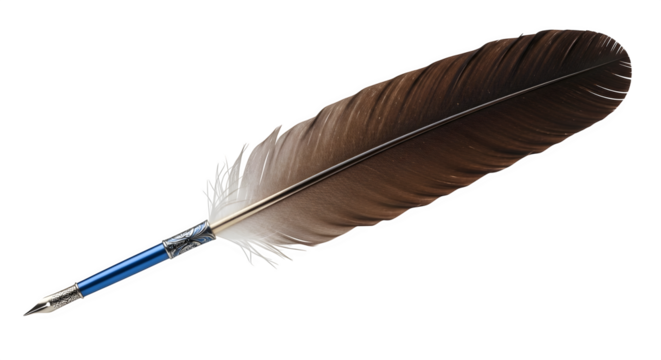A brown and white quill pen with a blue handle, isolated on transparent background, evoking a sense of history, writing, and literary artistry - Powered by Adobe