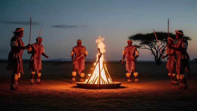 Maasai Men Dancing Around a Fire During a Traditional Ceremony at Night