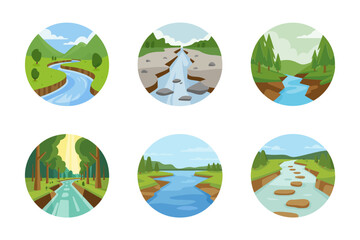 Tropical cascade vector illustrations, flowing river waterfall icons, scenic forest backgrounds set, mountain water graphics, natural outdoor landscape design
