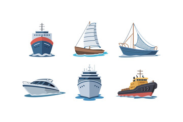 Modern yacht vector illustrations, luxury boat icons, cruise ship graphics, ocean travel vessels set, sailing transport, nautical marine background