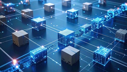 Holographic Blockchain Network Visualization with Glowing Blue Cubes and Lines