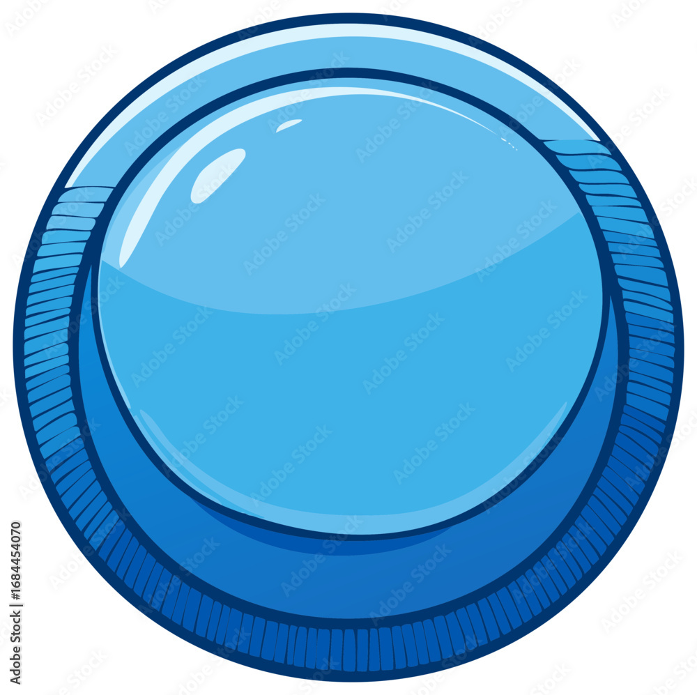 Poster blue button graphic with textured edge and shiny surface.