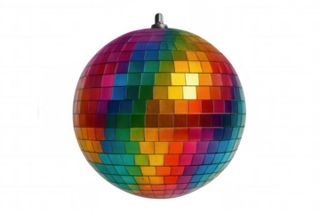 Classic disco ball with colorful mirrored tiles spinning and reflecting light, isolated on transparent background, perfect for party and celebration visuals