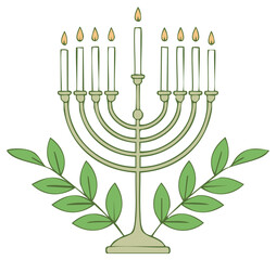 Traditional Jewish Menorah with Nine Lit Candles and Olive Branches, Hand-Drawn Illustration for Hanukkah Celebration