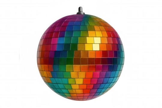 Classic disco ball with colorful mirrored tiles spinning and reflecting light, isolated on transparent background, perfect for party and celebration visuals