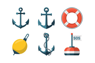Anchor and buoy vector illustrations, lifebuoy icons, nautical safety set, marine equipment graphics, sailing tools, ocean transport maritime background © RA Studio