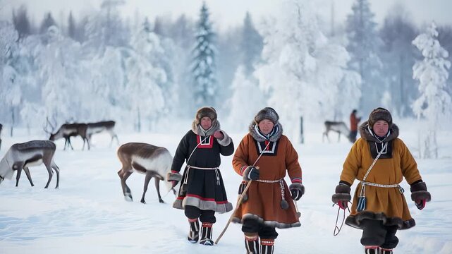 Sami individuals walking through snowy landscape with reindeer in winter