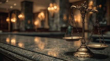 Legal firm reception decorated with justice scale motif symbolizes professional image, fairness theme, ethics structure, law governance accountability compliance truth client assurance