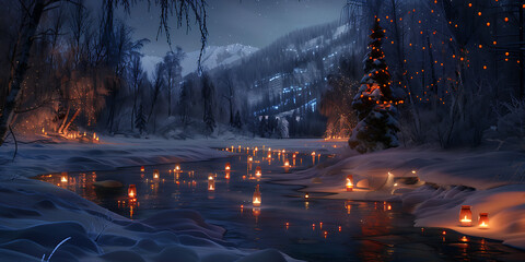 Winter landscape with snow-covered forest, warm glowing lanterns on frozen river, and decorated holiday tree.