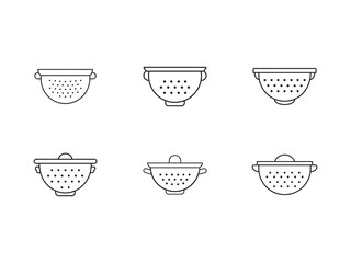 Collection of minimalist colander icons in outline style representing kitchen utensils for cooking and food preparation on a white background