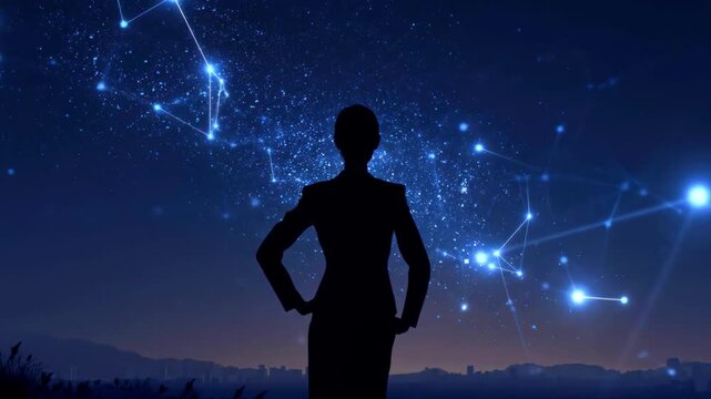 Silhouette of a businesswoman standing confidently against a starry night sky with constellations