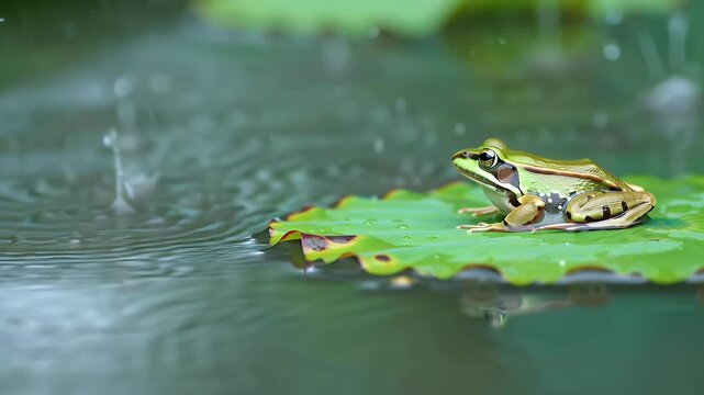A frog resting on a lotus leaf in the rain, with water ripples and droplets, captured in sharp focus against a softly blurred background