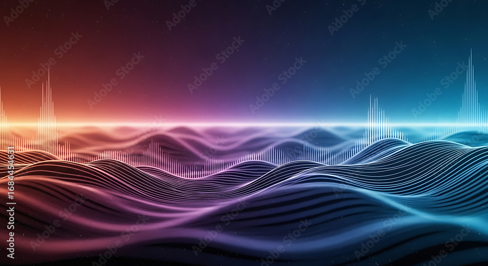 Poster abstract waves with equalizer bars and gradient background of red and blue with stars above ai gener