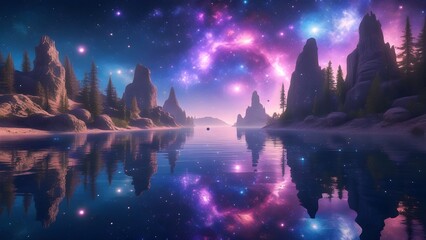 A breathtaking cosmic nebula with vibrant colors reflecting perfectly in a serene mountain lake at twilight
