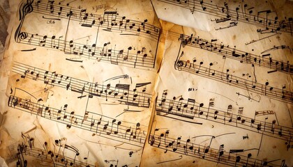 Antique music sheets, displaying intricate musical notation on aged, weathered paper, evoking a sense of history and musical artistry.