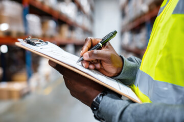 Warehouse worker documenting inventory on clipboard